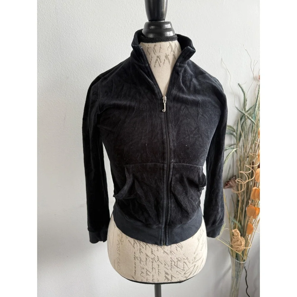 Juicy‎ Couture Girls Black Velour Zip Up Track Jacket Mock Neck Size 14 Vintage
